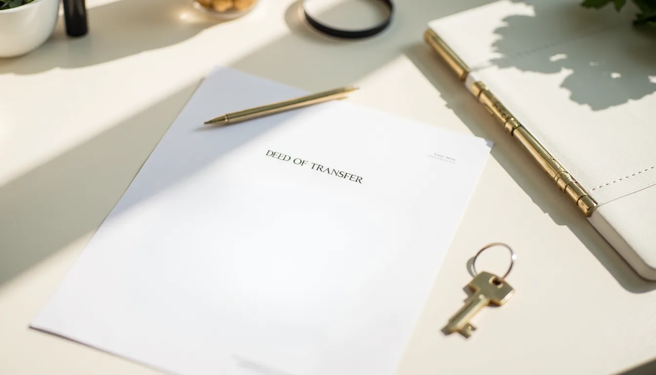 Deed of transfer prepared for conveyancing, with legal documents, gold pen and property keys on a bright professional desk
