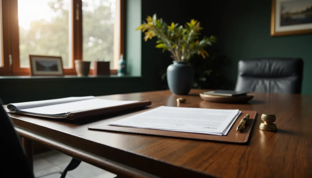 Conveyancing attorney desk with legal documents and pen representing a secure property transfer process