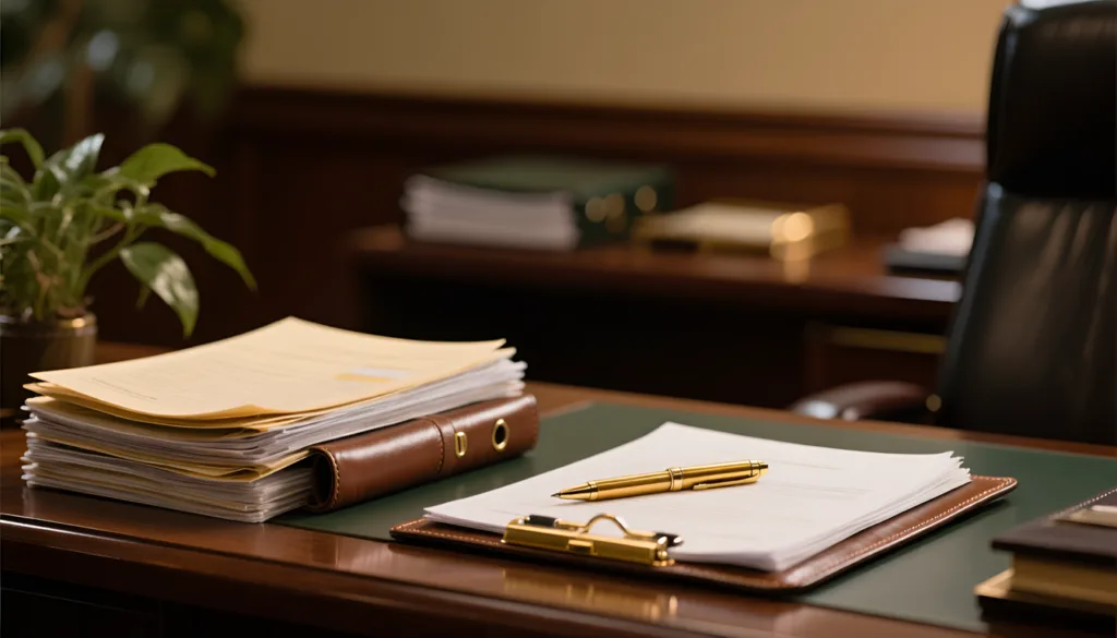 Conveyancing desk with prepared legal documents and pen representing careful property transfer review