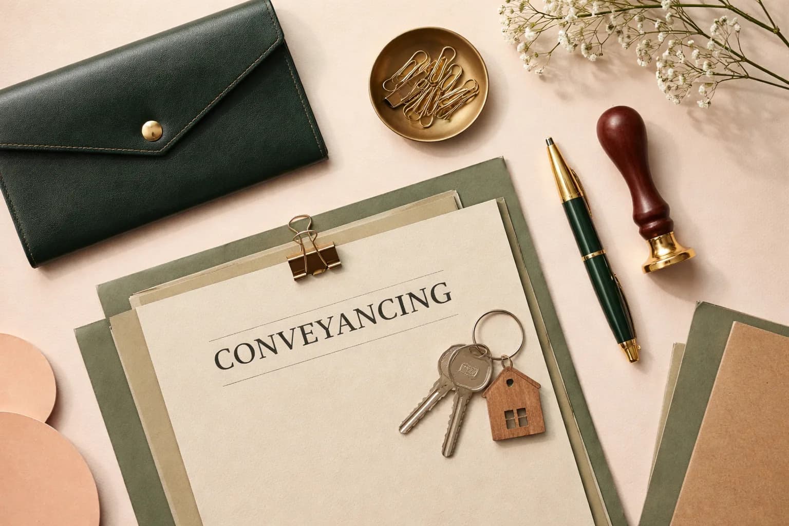 Conveyancing documents with property keys and legal stationery representing a secure property transfer process