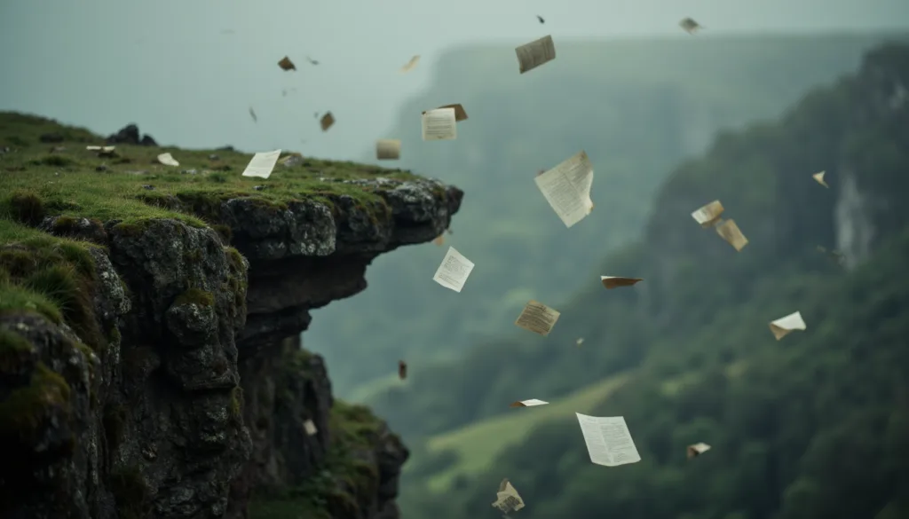 Conveyancing documents falling from a cliff edge during prep day, reflecting risk and precision before Deeds Office registration