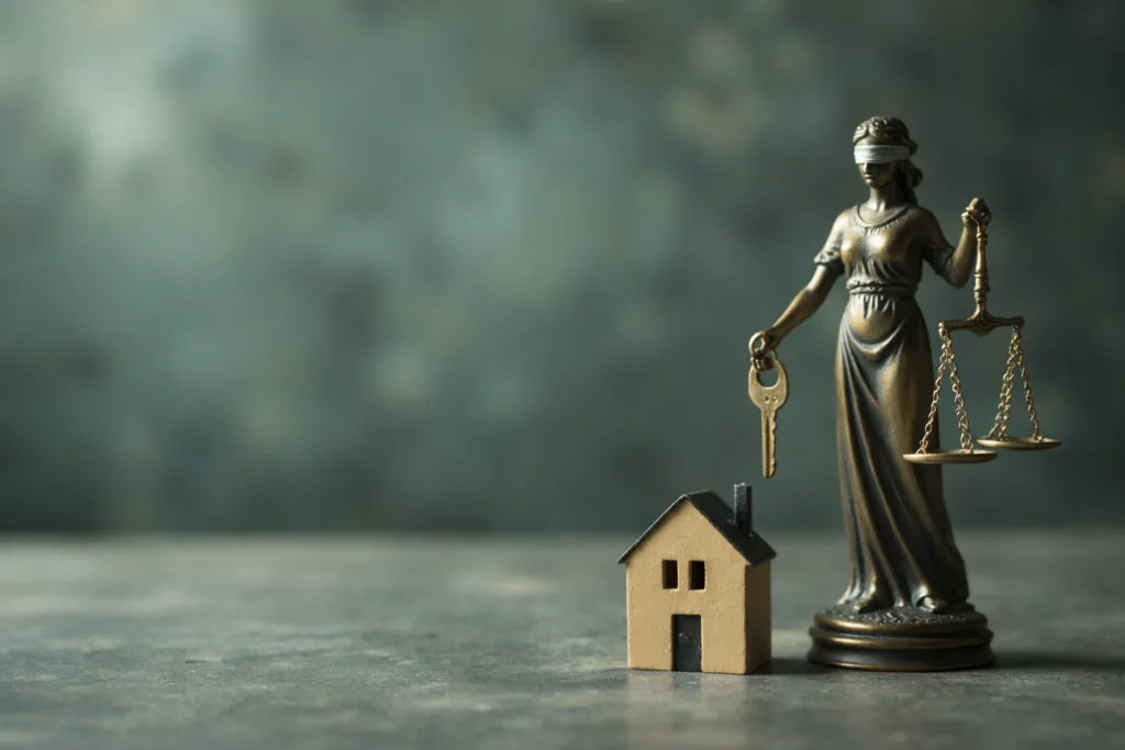 Lady Justice holding property keys beside scales of justice, reflecting trust and precision in conveyancing law