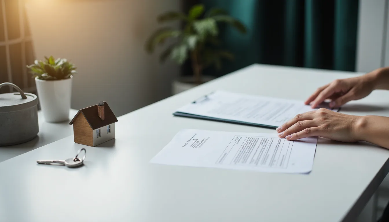 Conveyancing process shown through document signing at a desk, reflecting careful legal oversight in a property transfer