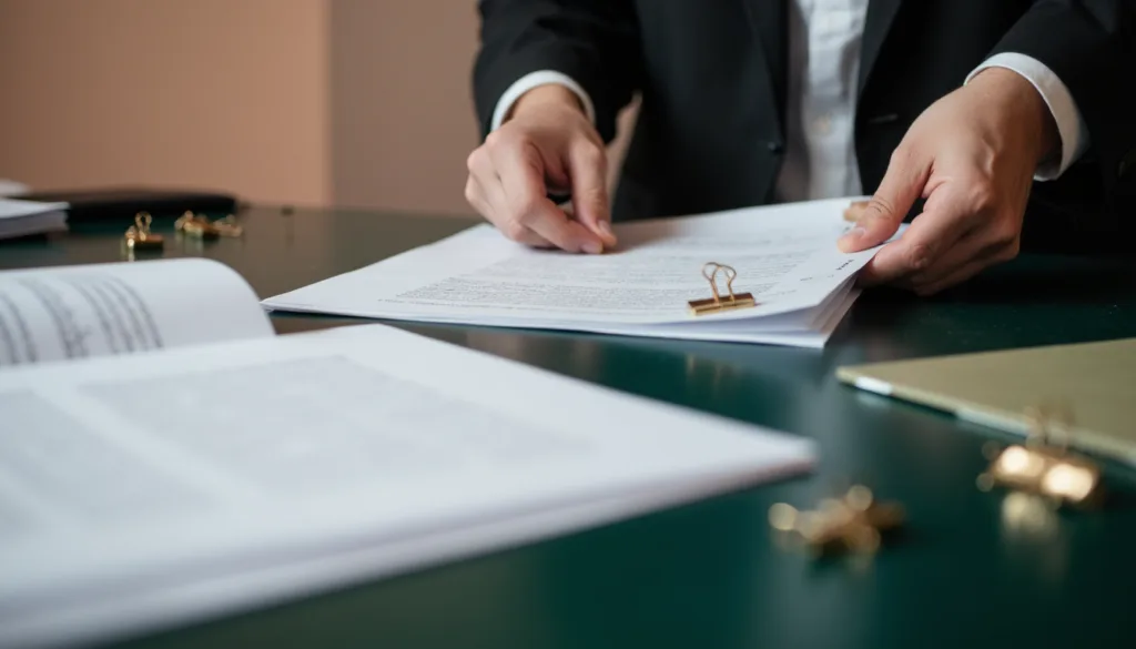 Conveyancer carefully reviewing and aligning property transfer documents