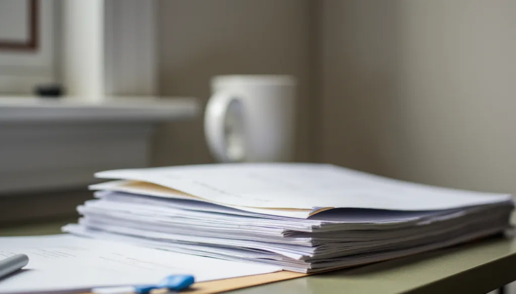 Stack of transfer costs papers on a desk with a cup of warm coffee sitting beside it.