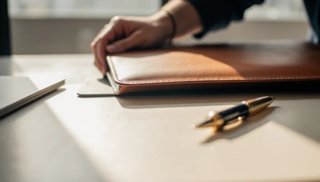 Conveyancer positioning a leather folder holding conveyancing fees on a brightly lit table.