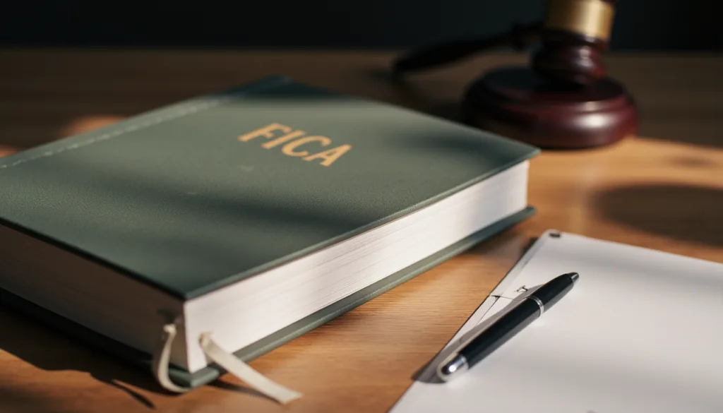 Closed legal FICA compliance and financial verification book resting on a desk.