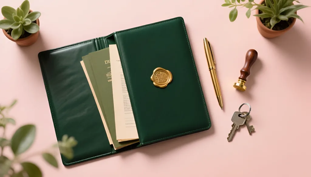 Alt text: Conveyancing precision and property ownership shown through legal documents, keys and a green folder on a soft pink background