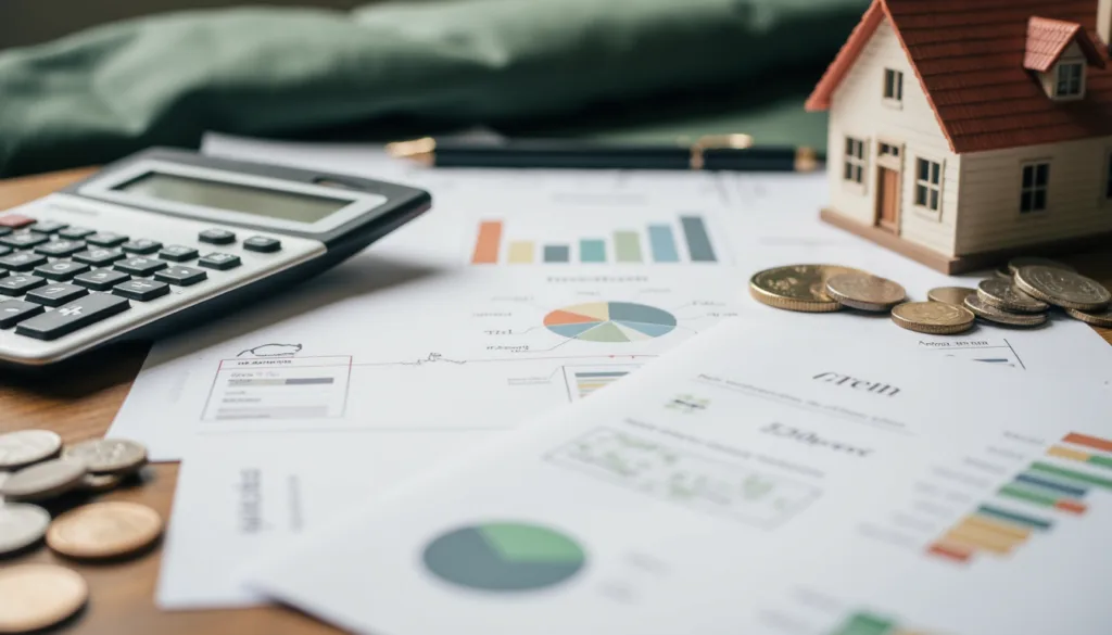 Calculator, coins, house model, and paperwork with charts and graphs spread across a desk, illustrating property-related costs and fees.