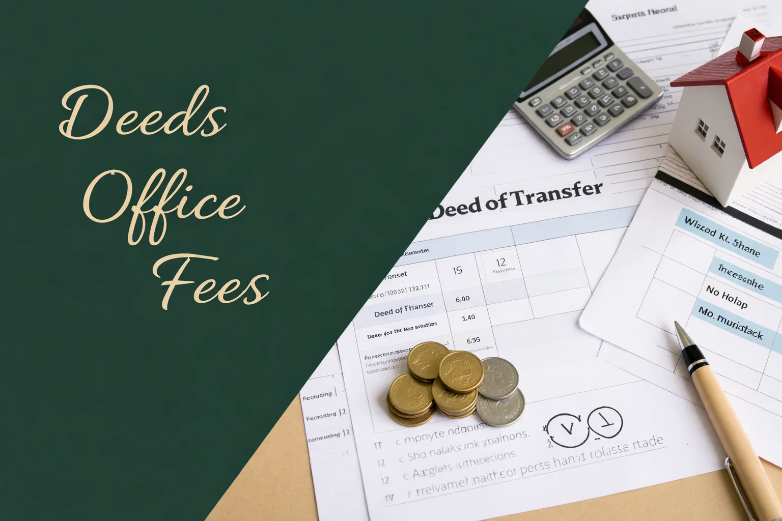 Graphic with the words “Deeds Office Fees” in large cream script on a dark green background, alongside property documents, a calculator, coins, a pen, and a small red-roof house model.