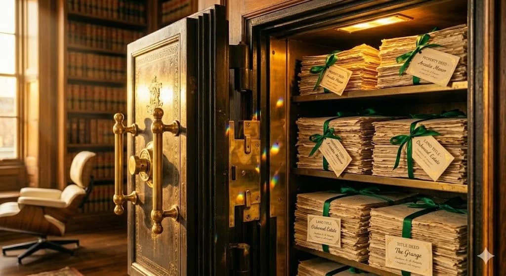 A heavy antique brass safe swung open to reveal shelves of historic, ribbon-tied land titles and property deeds tracked down via a deeds office tracking search.