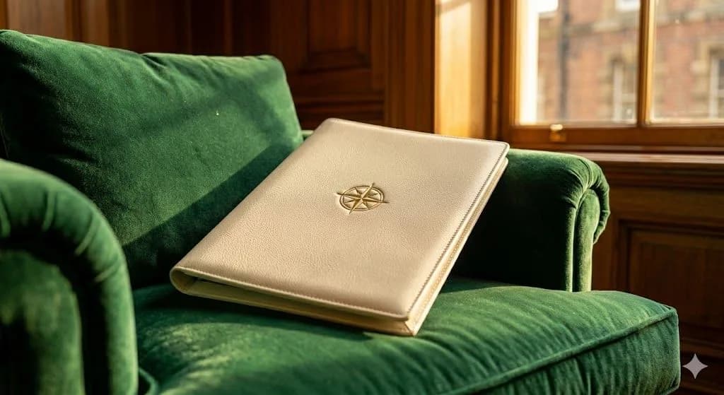 An elegant cream leather document folder featuring a gold compass emblem resting on a green velvet armchair, containing records verified by a deeds office tracking search.