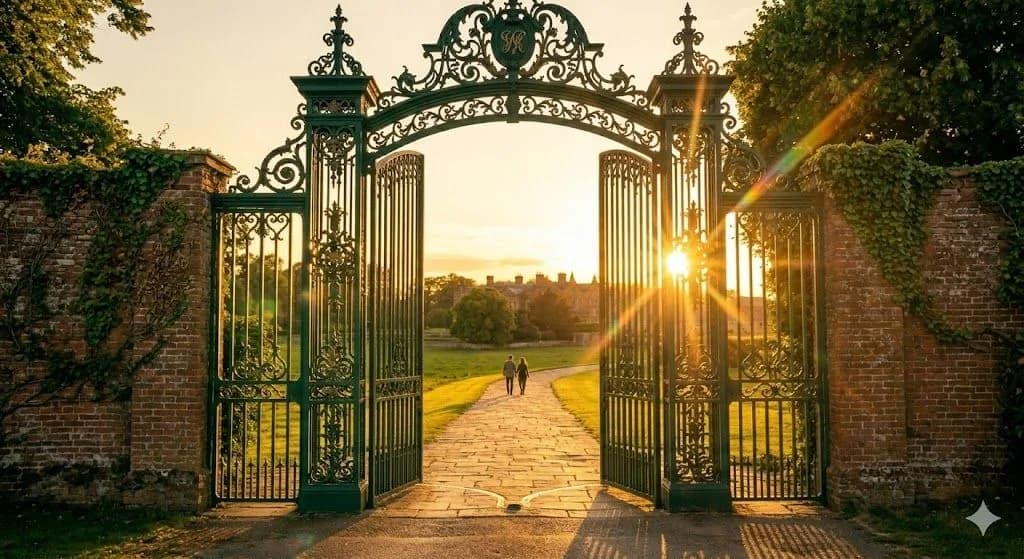 Grand wrought-iron estate gates opening to a country manor at sunset, representing a luxury property identified through a professional deeds office tracking search.