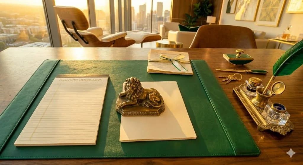 A high-end attorney's desk featuring a green leather blotter, a brass lion paperweight, and a solicitor's memorandum notepad used during a deeds office tracking search.
