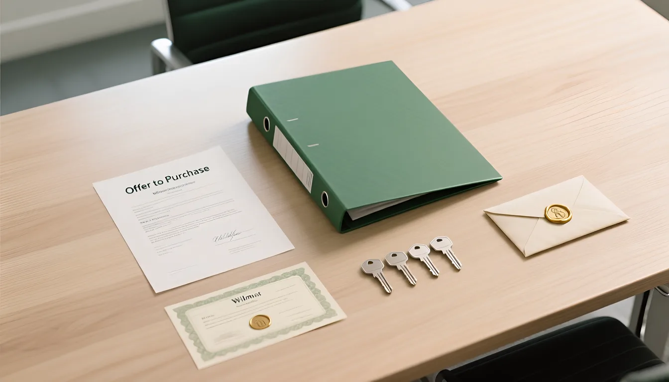 Feature image illustrating the anatomy of a property transfer process with legal documents, transfer file, house keys, and funds arranged in a bright legal office