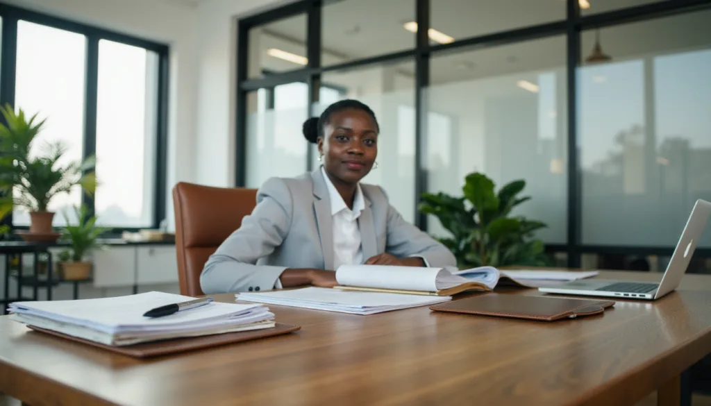 A young conveying professional who is a role player a property transfer sitting at her desk.