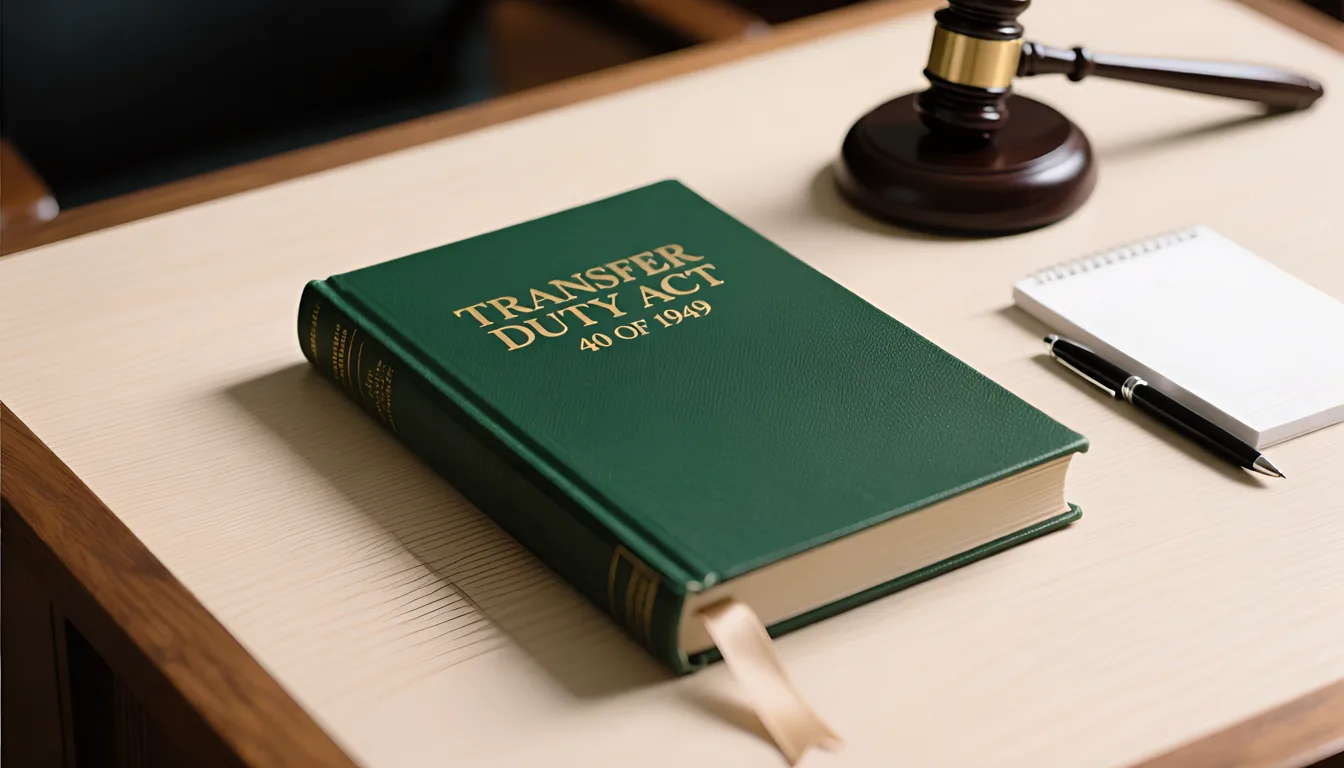 Transfer Duty Act 40 of 1949 book on a light oak desk with notepad and pen, representing the legal foundation of transfer duty in South Africa.