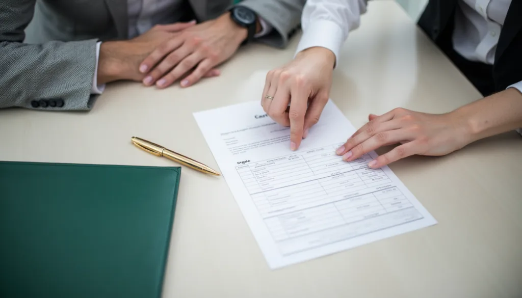 Conveyancer explaining a property transfer cost schedule to a buyer in a light and professional legal office