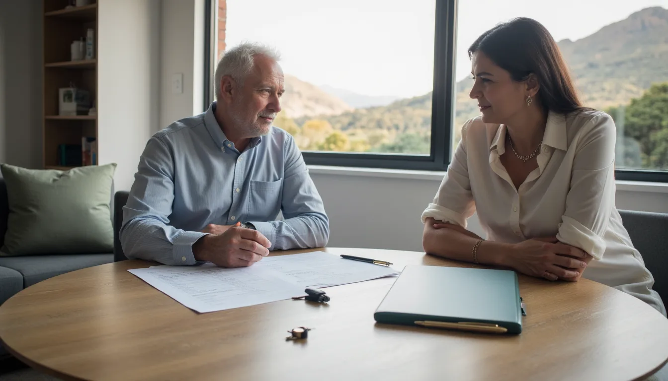 Buyer and seller reviewing property transfer costs with a conveyancer in a bright legal office setting