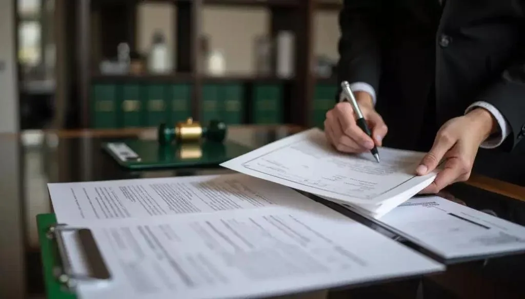 A conveyancer reviewing a property transaction file in a South African law office, with title deed papers, bank documents, and a calm professional setting, realistic style, no text overlay