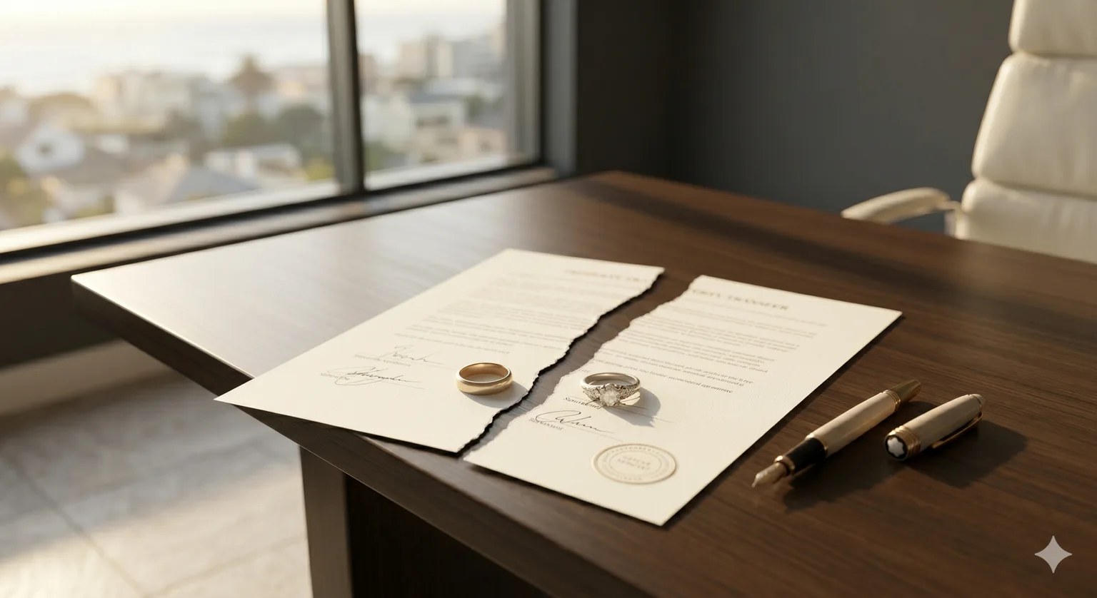 Two gold wedding rings resting on a torn property agreement in a professional legal setting, representing the division of assets and complexities involved in divorce transfers.