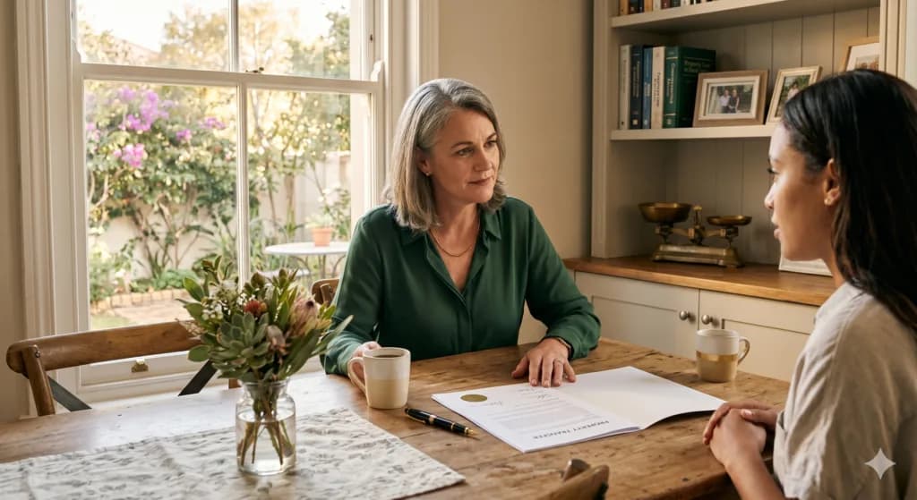 A seasoned legal guide facilitating a restorative discussion at a clean wooden table regarding property Donations and the division of assets under a court decree.
