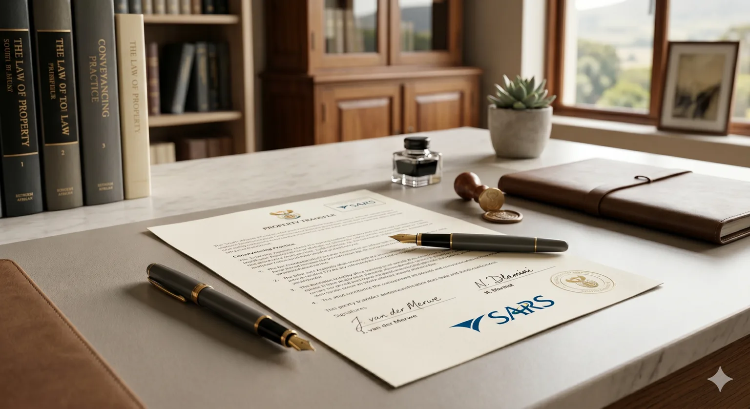 A professional South African legal desk featuring signed property transfer documents and a SARS logo, illustrating the technical requirements for Zero-Rated Transfers in divorce settlements.