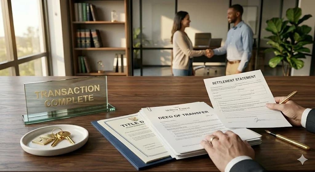 A close-up photograph of a professional walnut desk in a law office, featuring a formal "Wilma Ewest Attorneys" folder holding a "DEED OF TRANSFER" document. Next to it, an official "TITLE DEED" and a signed "SETTLEMENT STATEMENT" form are visible, accompanied by a gold pen, representing an ordinary sale and property transfer. In the background, a couple shakes hands near a window.