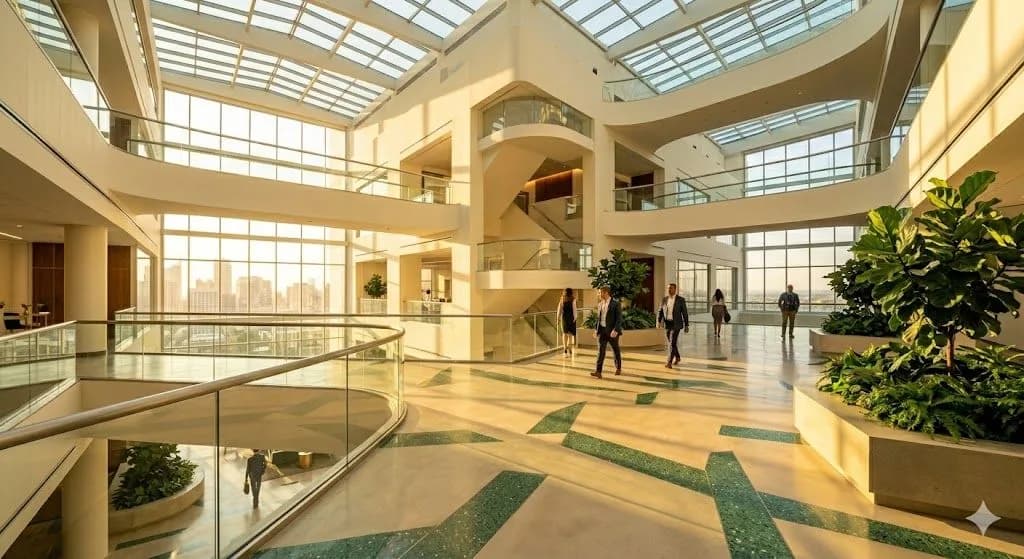 A spacious, multi-level modern office building atrium with business professionals walking along sunlit indoor balconies, representing a corporate entity verified by the companies registrar.