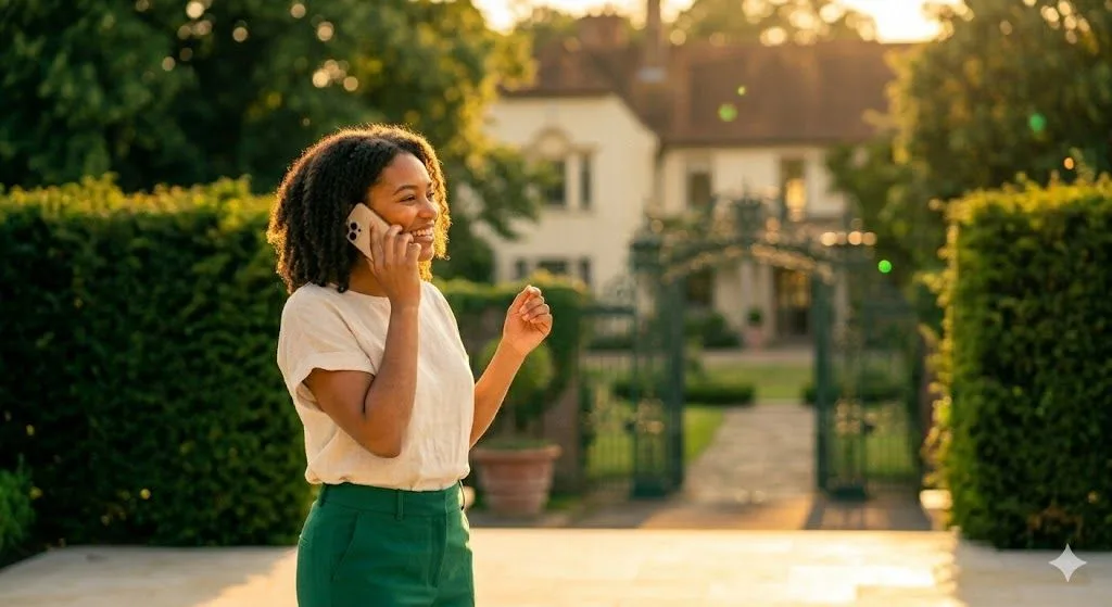 A smiling businesswoman standing outdoors in front of a luxury country manor house, talking on her smartphone to confirm transaction status with the local property registrar.