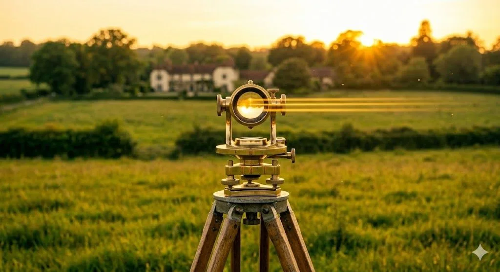 A vintage brass surveyor's theodolite on a wooden tripod set in a green field, catching the sunset light while measuring property boundaries for submission to the deeds registrar.