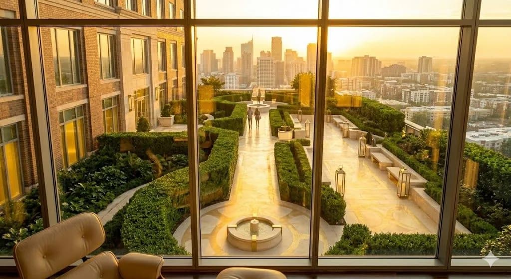 A view from inside a luxury skyscraper looking out at a manicured rooftop garden terrace and a city skyline at sunset, matching high-value assets recorded by the land registrar.