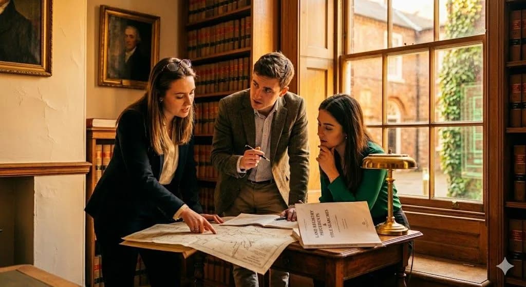 Professional property lawyers analyzing an architectural land map in a historic library to verify zoning regulations and boundaries for mineral or development rights.