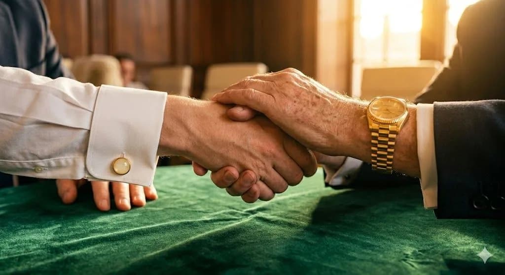 A close-up of a formal handshake across a green velvet table, symbolizing a successful agreement and the official transfer of real estate rights.