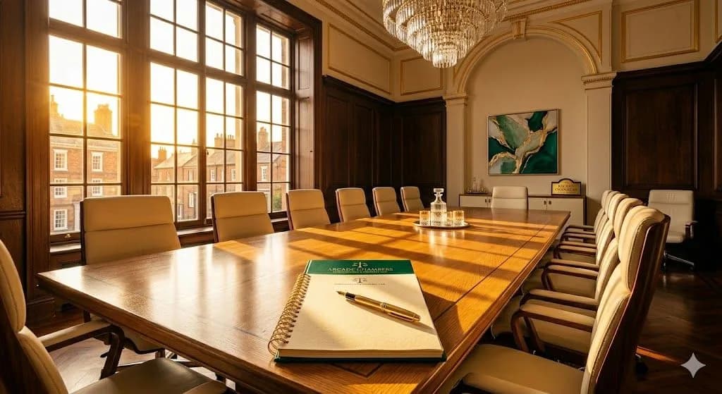 A sunlit corporate boardroom with a long wooden table, leather chairs, and a legal notepad ready for a meeting regarding commercial property rights.