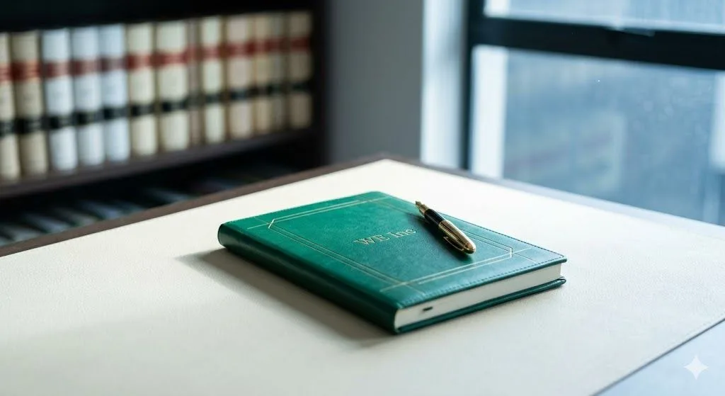 An emerald green note book on types of transfers sitting on a sleek table in a legal office