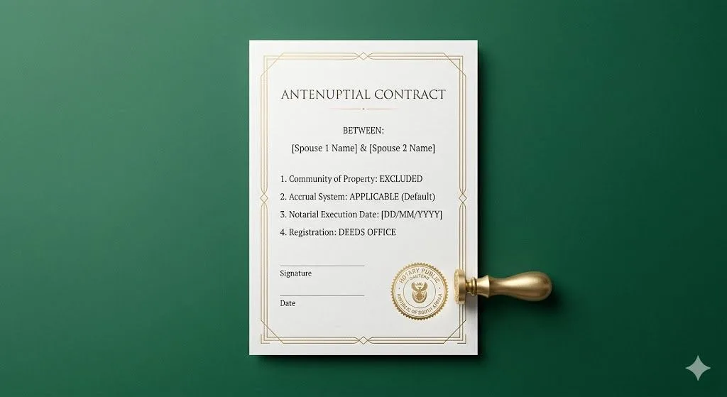 Simplified antenuptial contract on a emeral green desk