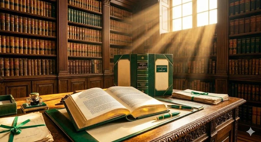 A close-up focus on a stack of aged parchment documents clearly titled "Antenuptial Contract" in elegant script, bound by a green ribbon with a green wax seal. A round crystal paperweight sits on top, with lawyers working at a boardroom table softly blurred in the background.