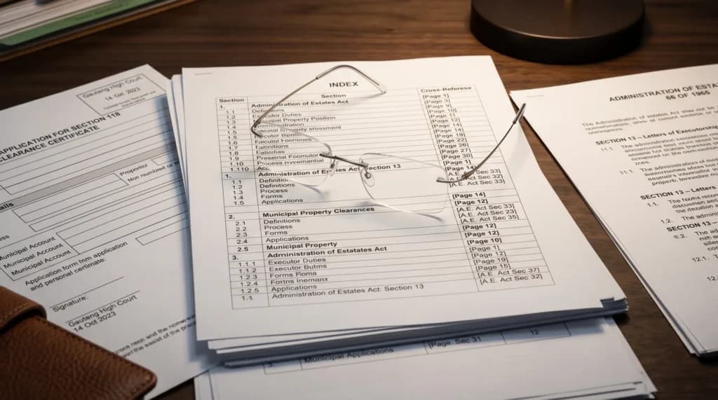 A pair of glasses resting on a collection of legal and municipal documents, highlighting the meticulous conveyancing audit required for insolvent estate property transfers.