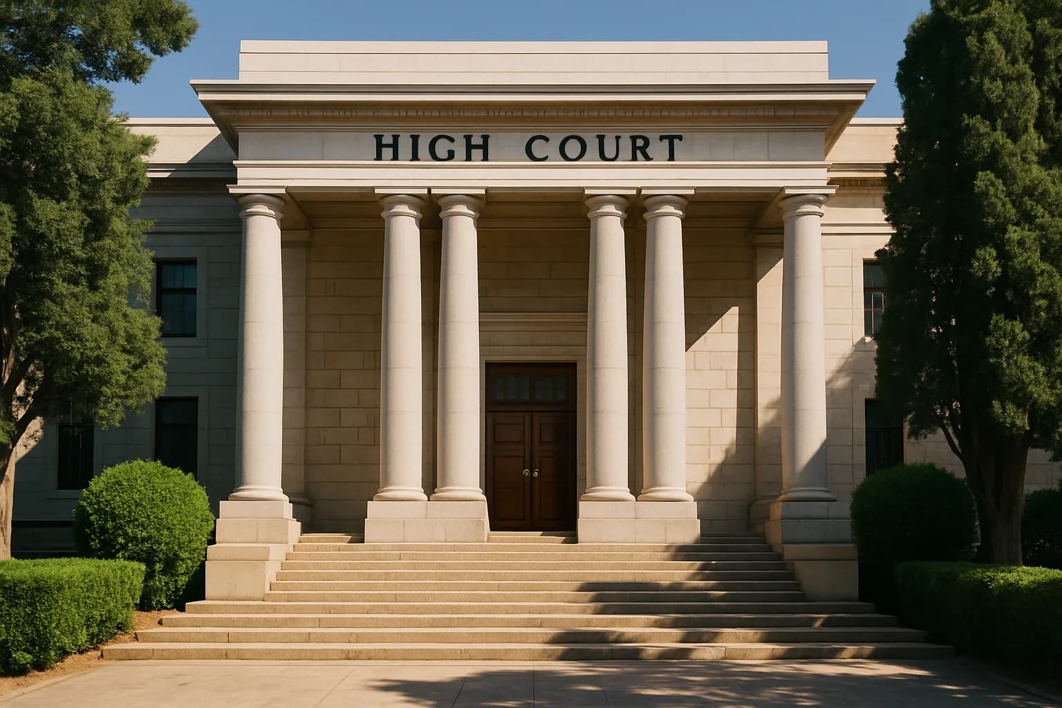 The sunlit exterior of a stately South African High Court building, its grand limestone columns and manicured green grounds evoking the formal legal process governing transfers from insolvent estates.