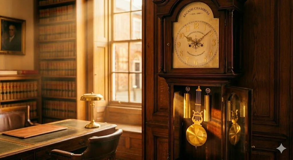 A stately, vintage law office interior featuring a large wooden grandfather clock with a brass pendulum in the foreground. A classic leather-topped desk, a brass banker's lamp, and floor-to-ceiling law books are illuminated by soft sunlight from a large window, symbolizing the timeless nature of managing a retirement fund death benefit.