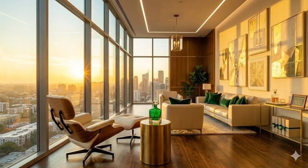 A luxury, modern high-rise penthouse office with floor-to-ceiling windows overlooking a city skyline at sunset. The sophisticated interior features a classic lounge chair, plush cream sofas with emerald green accent pillows, abstract art, and polished hardwood floors, ideal for high-net-worth discussions regarding a retirement fund death benefit.