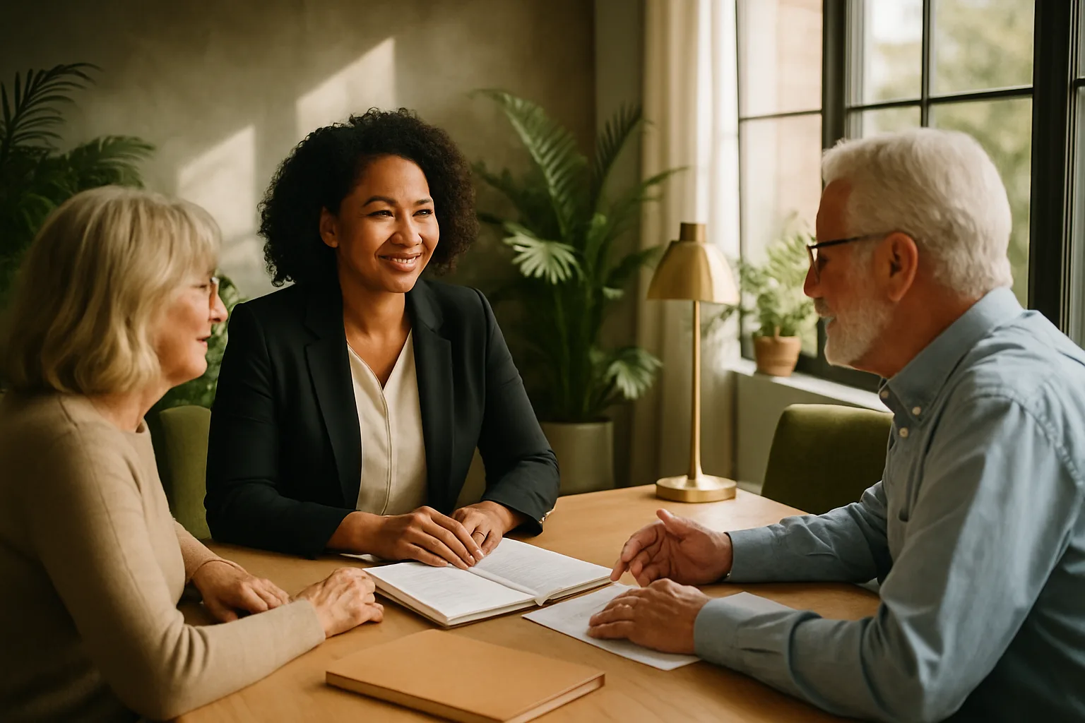 A South African attorney explains retirement fund death benefits to a mature couple during a warm, sunlit client consultation in a modern law office.
