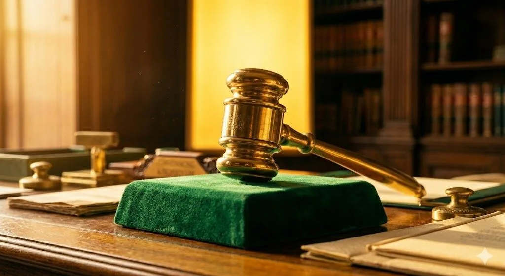 A polished brass gavel resting on a green velvet block on a lawyer's desk with bookshelves in the background, symbolizing an office ready to receive walk-ins.