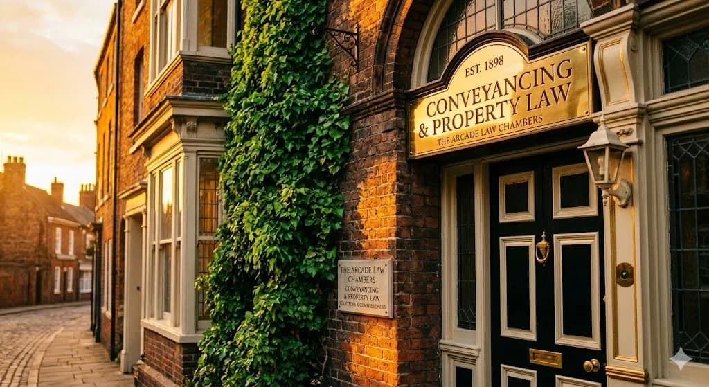 The exterior entrance of a brick law firm displaying a sign for Conveyancing and Property Law, where attorneys investigate title defects common to a negative registration system.