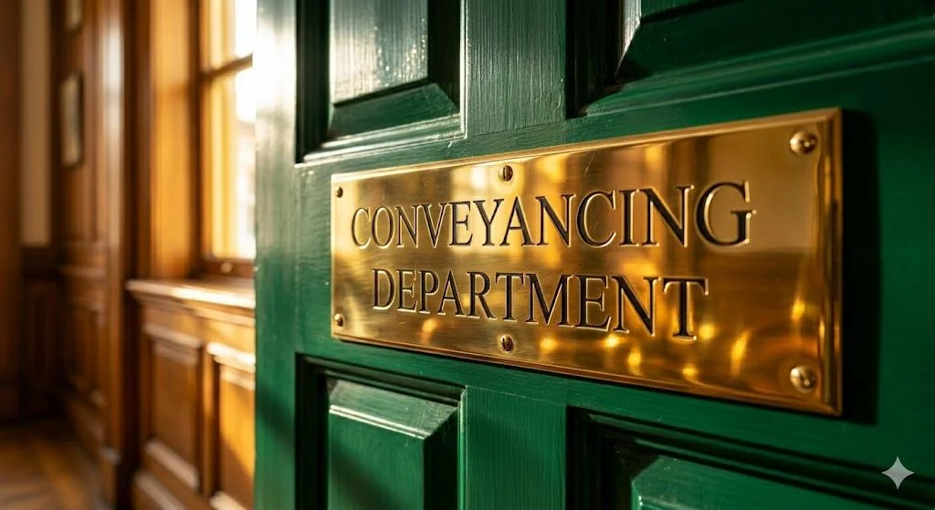 A polished brass sign reading Conveyancing Department mounted on a green wooden office door, where deeds are processed under a negative registration system.