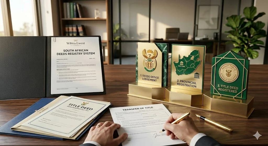A dark walnut desk in a modern South African law office, showcasing an open professional folder containing a legal document titled 'SOUTH AFRICAN DEEDS REGISTRY SYSTEM,' which details the 'Negative Registration System' and 'Title Deed.' Below it, a formal blue file is labeled 'TITLE DEED' and 'Negative Registration System.' The desk includes a gold pen, a hand holding another gold pen, a green mug with steam, and gold geometric plinths with a South African emblem and a text plaque describing the negative registration system. The background shows blurred office windows, bookshelves, and the blurred figure of another lawyer working.