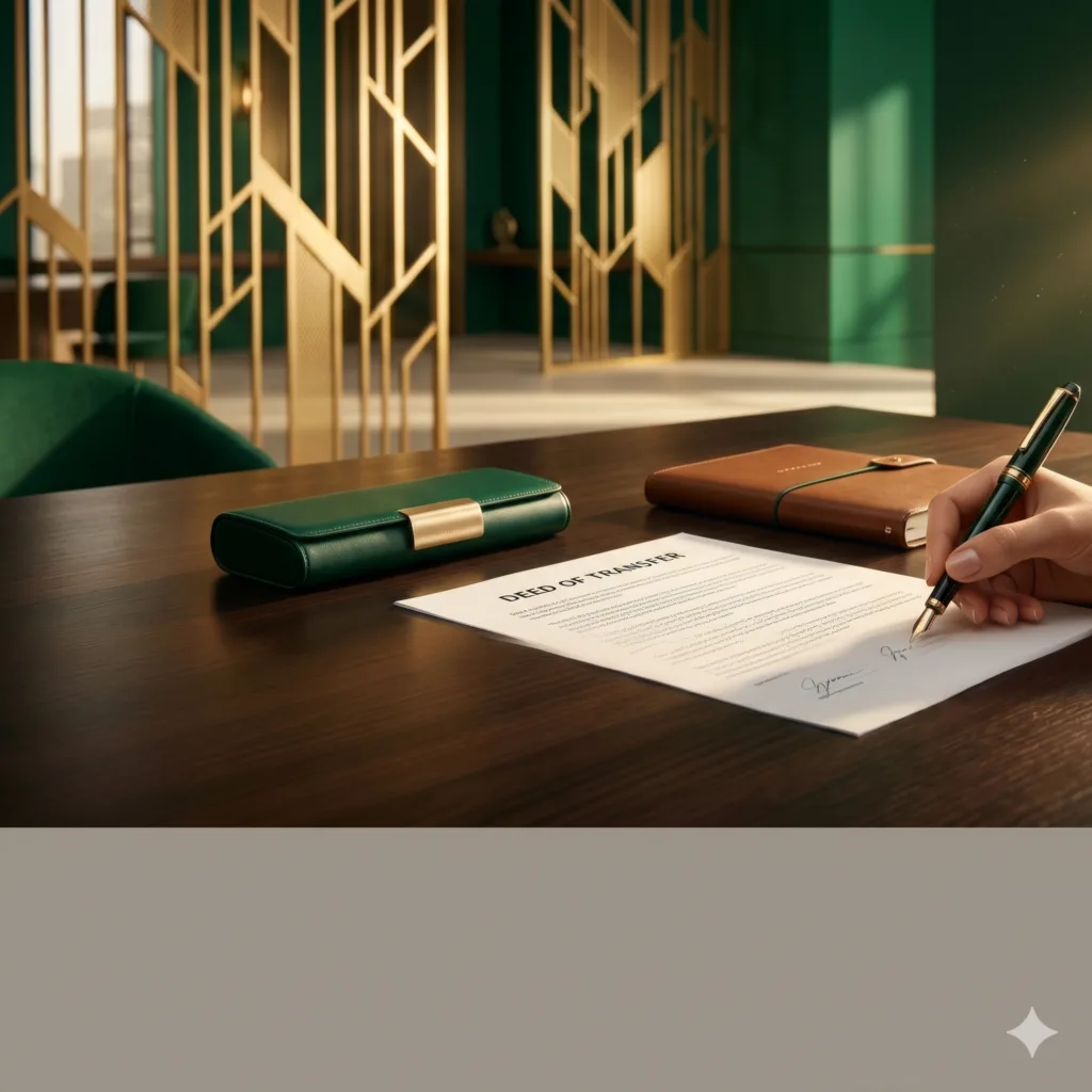 A close-up view in the same intense golden light seen in the feature image, focusing on a sophisticated calculator displaying the text 'CGT DUE' and a gold coin. A document with the header 'TRANSFER COST SCHEDULE' is visible, with other papers and an emerald green leather notebook softly blurred, illustrating the financial analysis required for related party transfers.