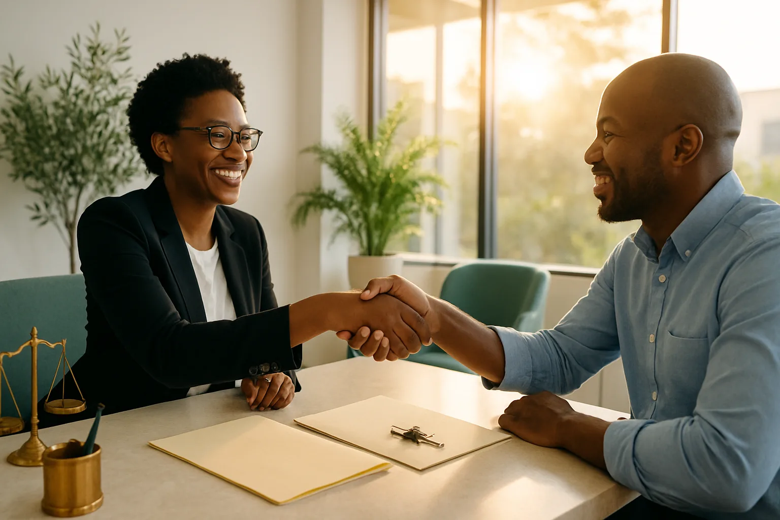 A conveyancing attorney and client share a confident handshake in a sunlit office, representing the professional guidance involved in transfers between related parties.