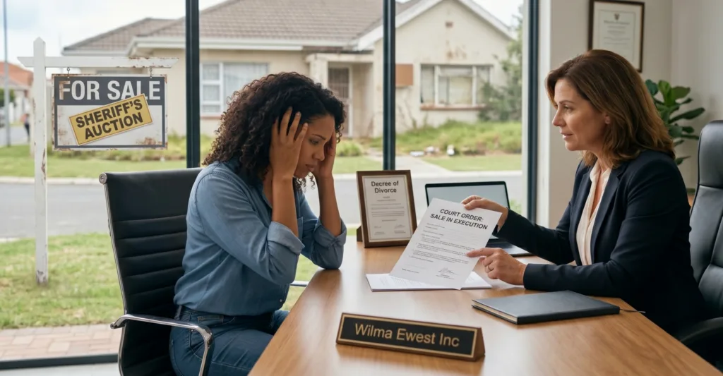 A documentary-style photograph from a Benoni legal office, showing a distressed client consulting with a Wilma Ewest Inc attorney. The lawyer points to a printed "COURT ORDER: SALE IN EXECUTION" document. Through the window, a suburban house is visible with a "SHERIFF'S AUCTION" sign in the yard.